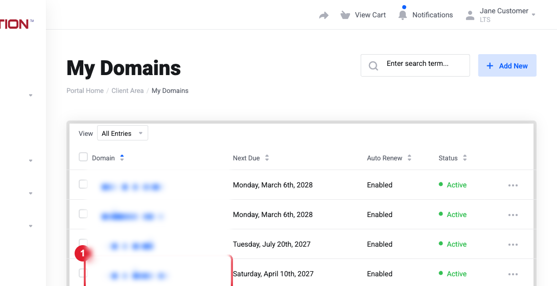 My Domains list