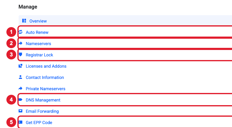 Domain Manage menu