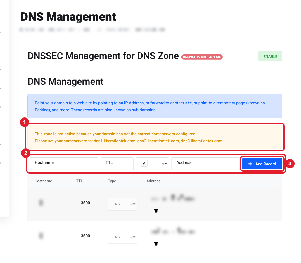 DNS Management page