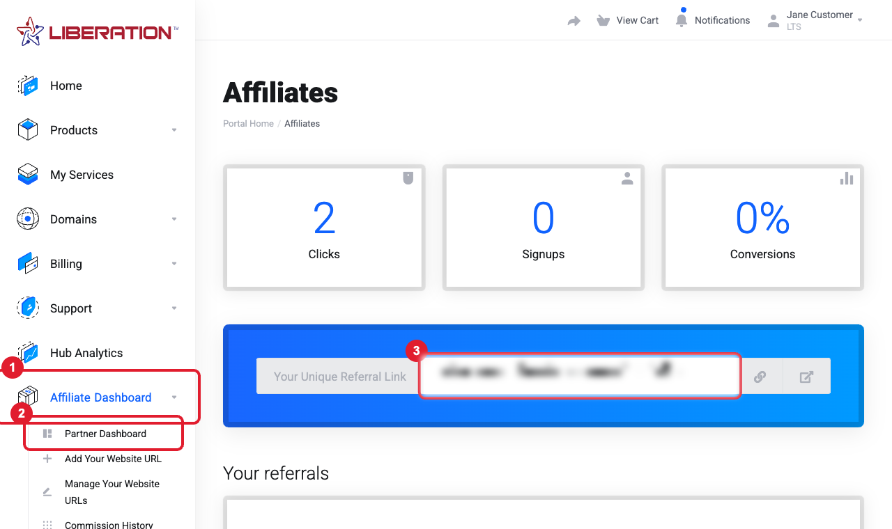 Affiliate dashboard and referral link