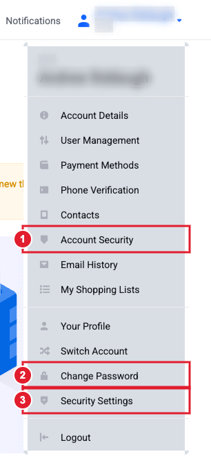 Account menu showing Account Security, Change Password and Security Settings