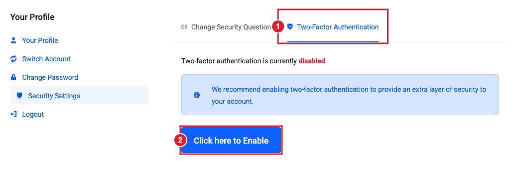 Security Settings page, Two-Factor Authentication tab