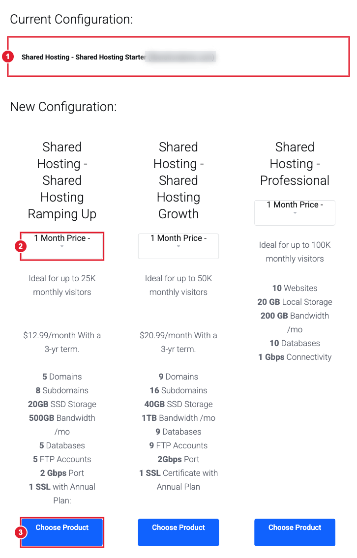 Upgrade/Downgrade page listing the plans you can move to