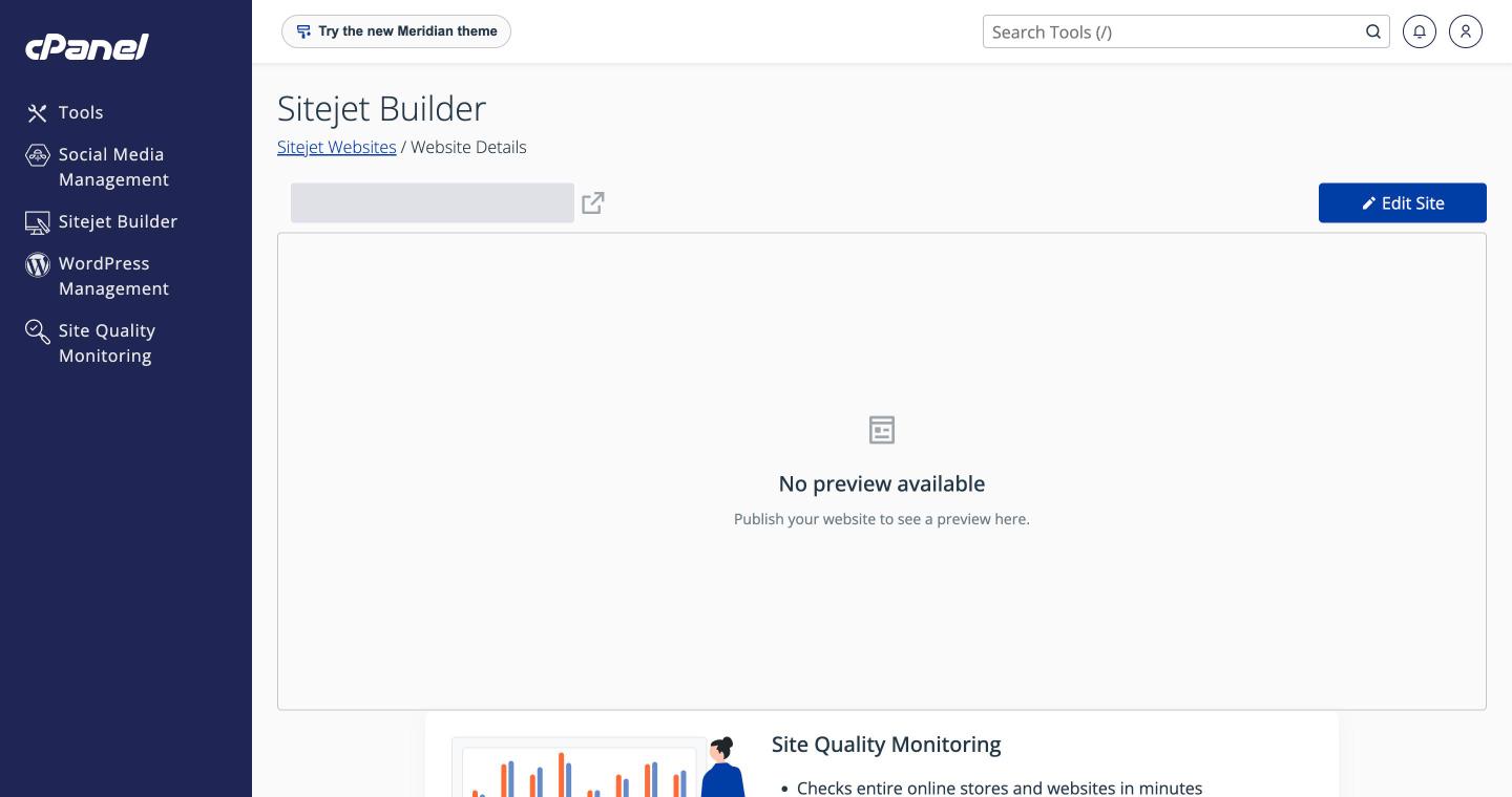 Sitejet Builder website details page in cPanel