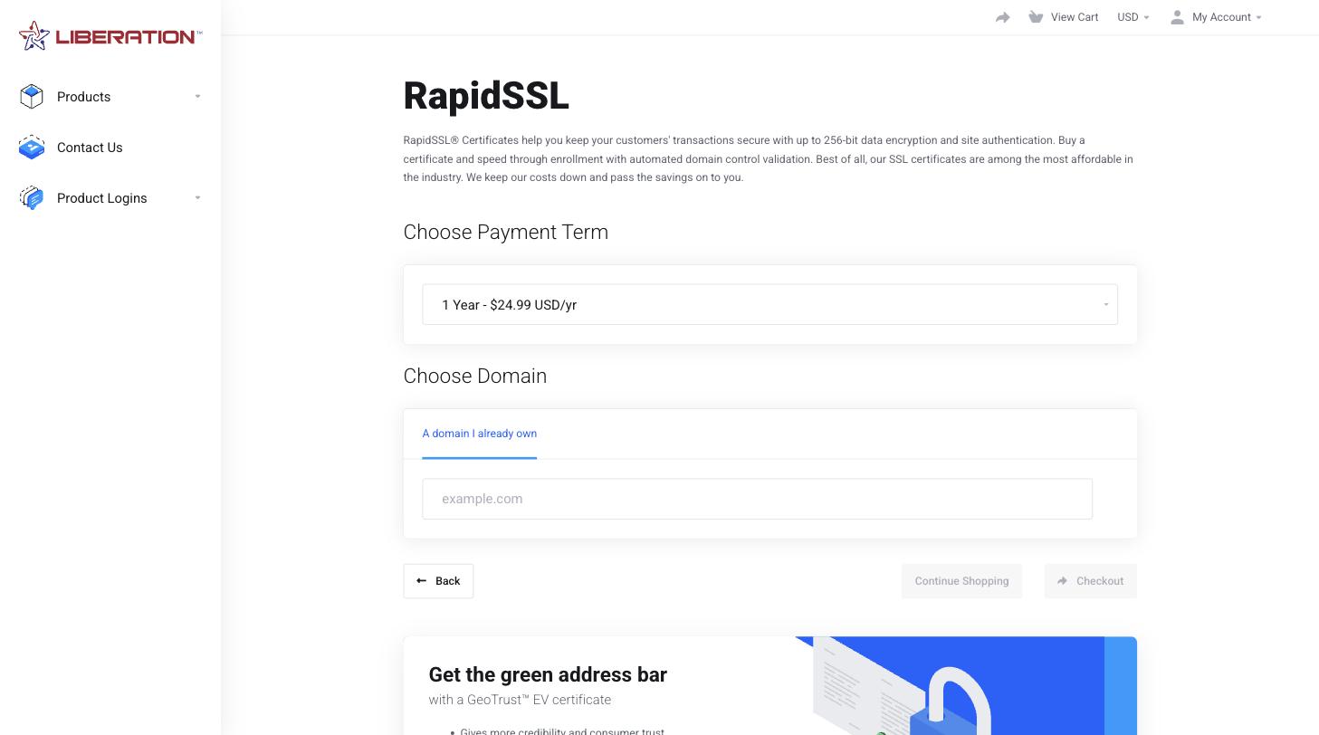 Choose payment term and domain for RapidSSL