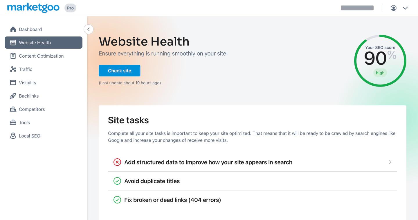 marketgoo Website Health page with the SEO score and site tasks
