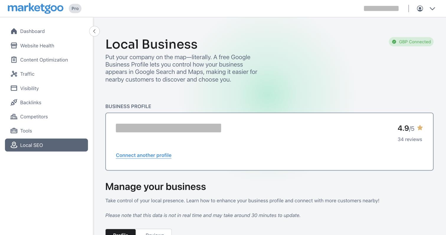 marketgoo Local SEO page with a connected Google Business Profile