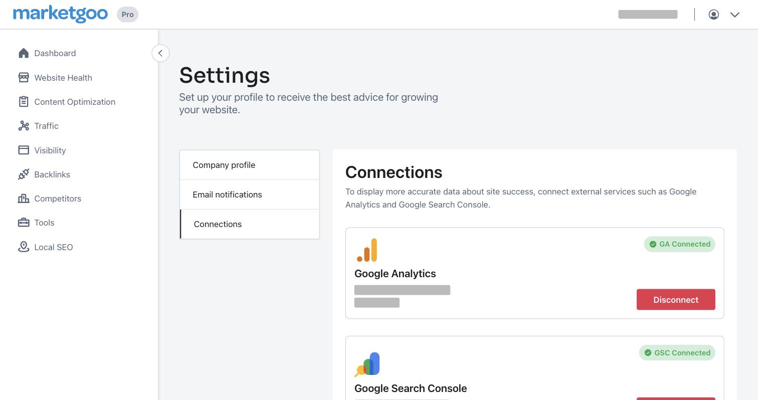 marketgoo Settings, Connections tab showing Google Analytics and Search Console connected