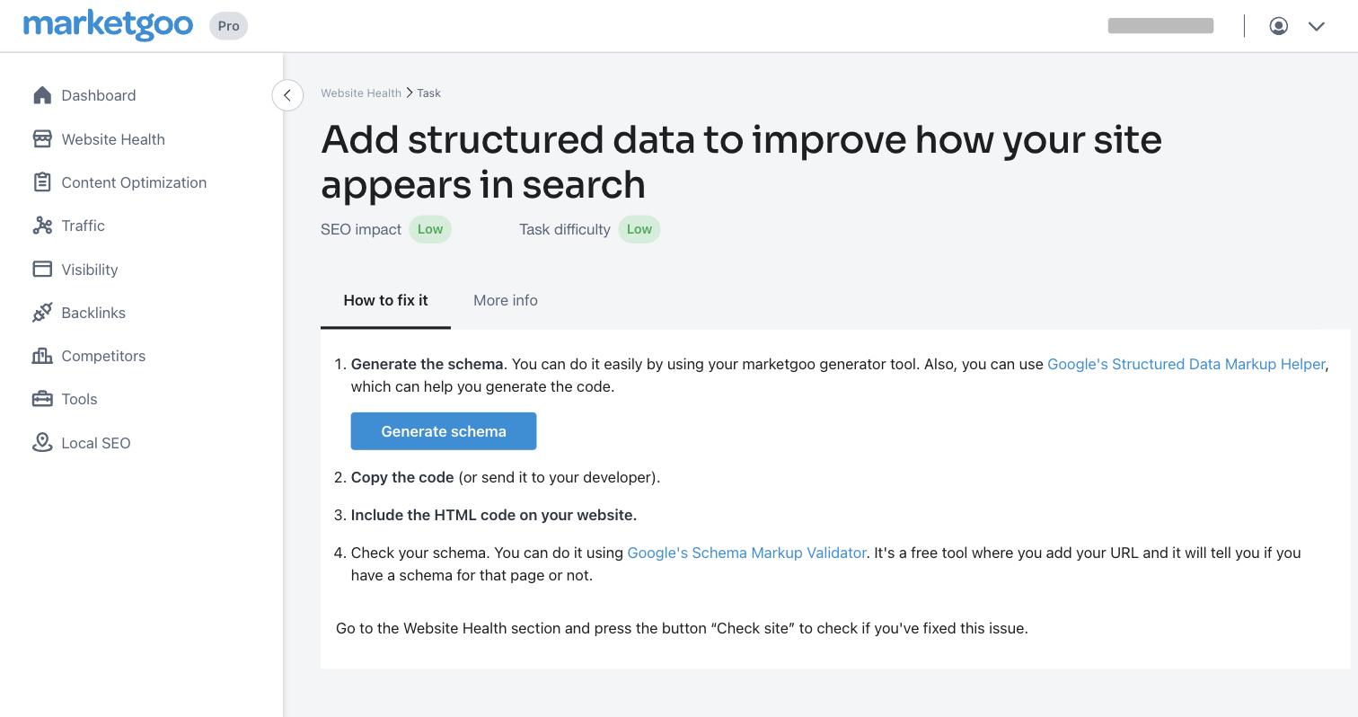A marketgoo site task showing SEO impact, difficulty and How to fix it steps