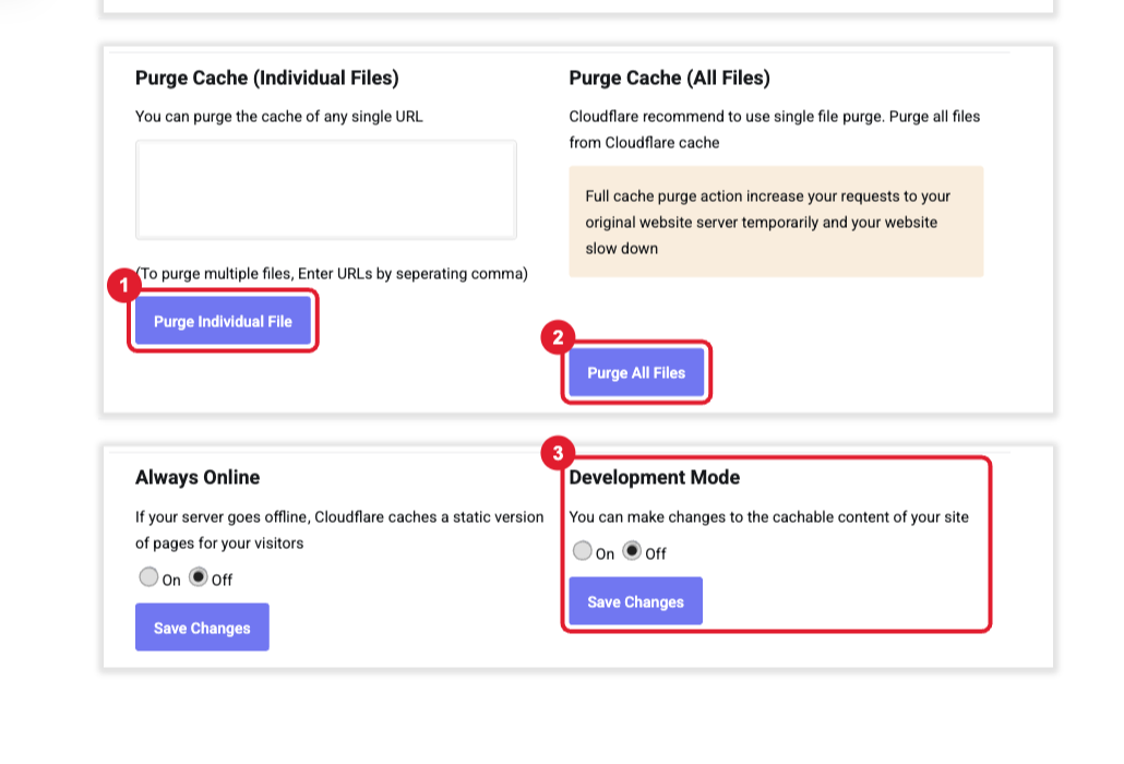 Cloudflare caching page with purge buttons