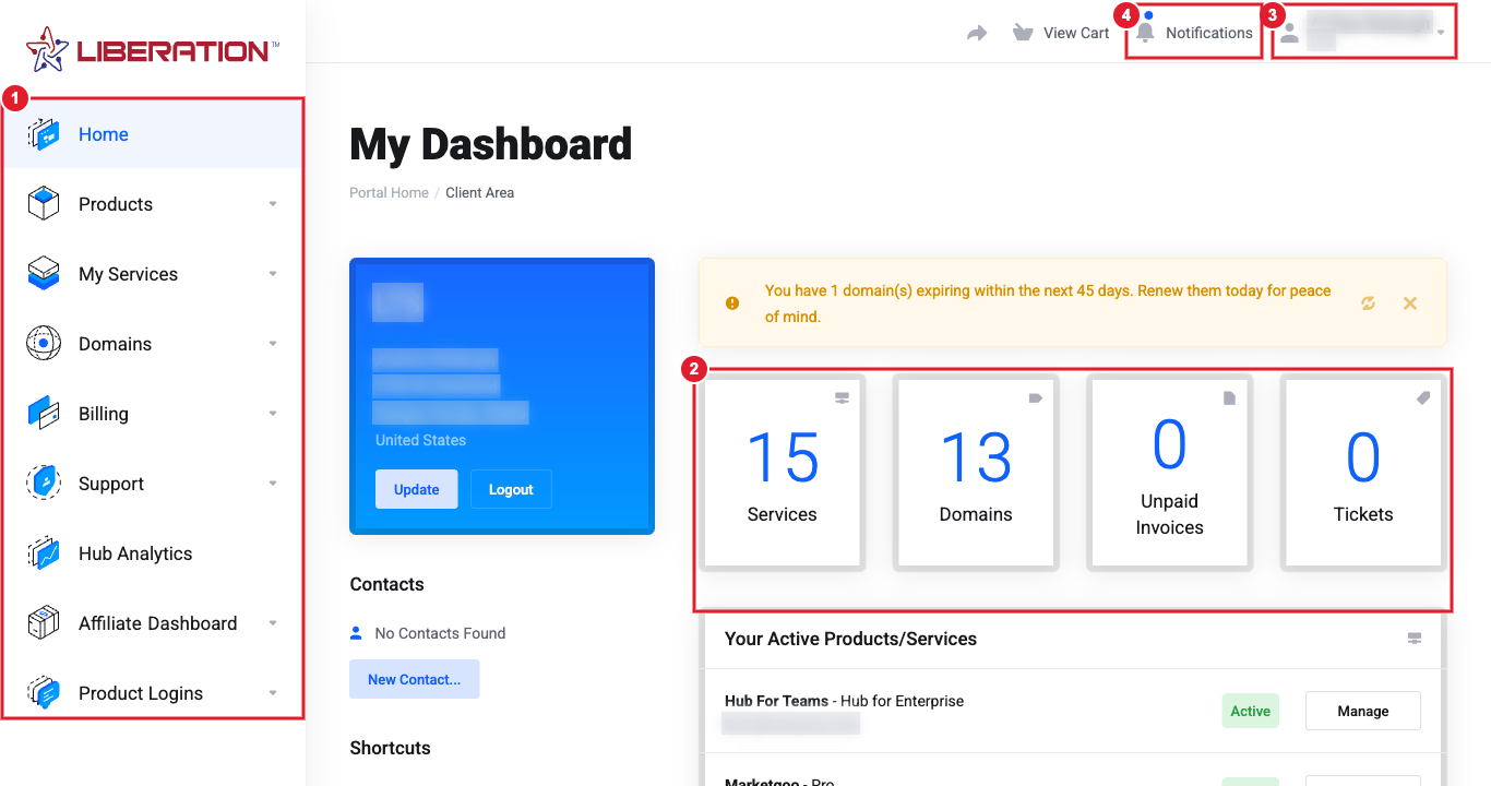 Client Area dashboard with the left menu, summary boxes, account menu and notifications highlighted