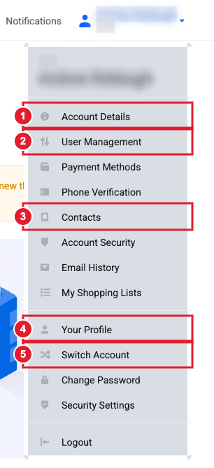 The account menu under your name, top right