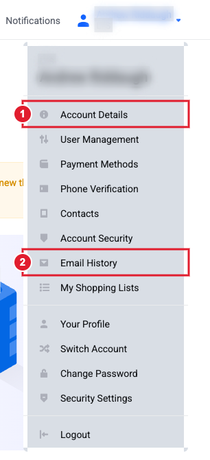 Account menu showing Account Details and Email History