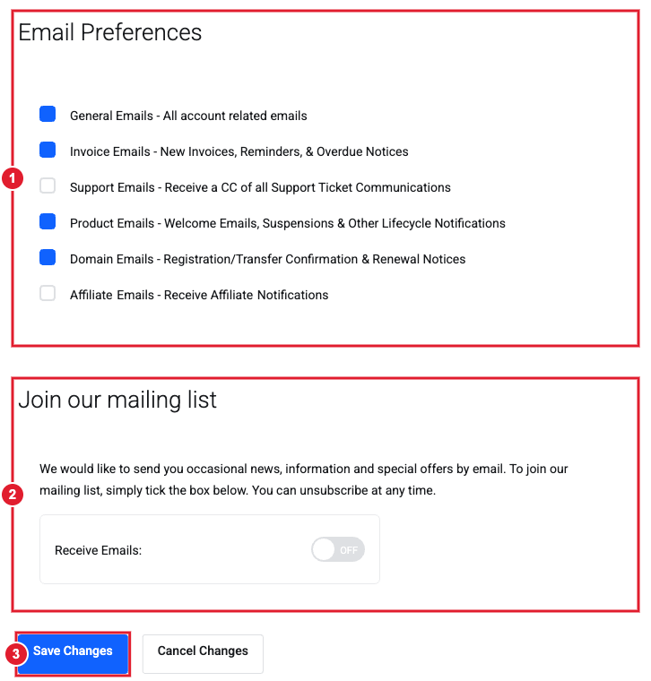 Email Preferences section of Account Details