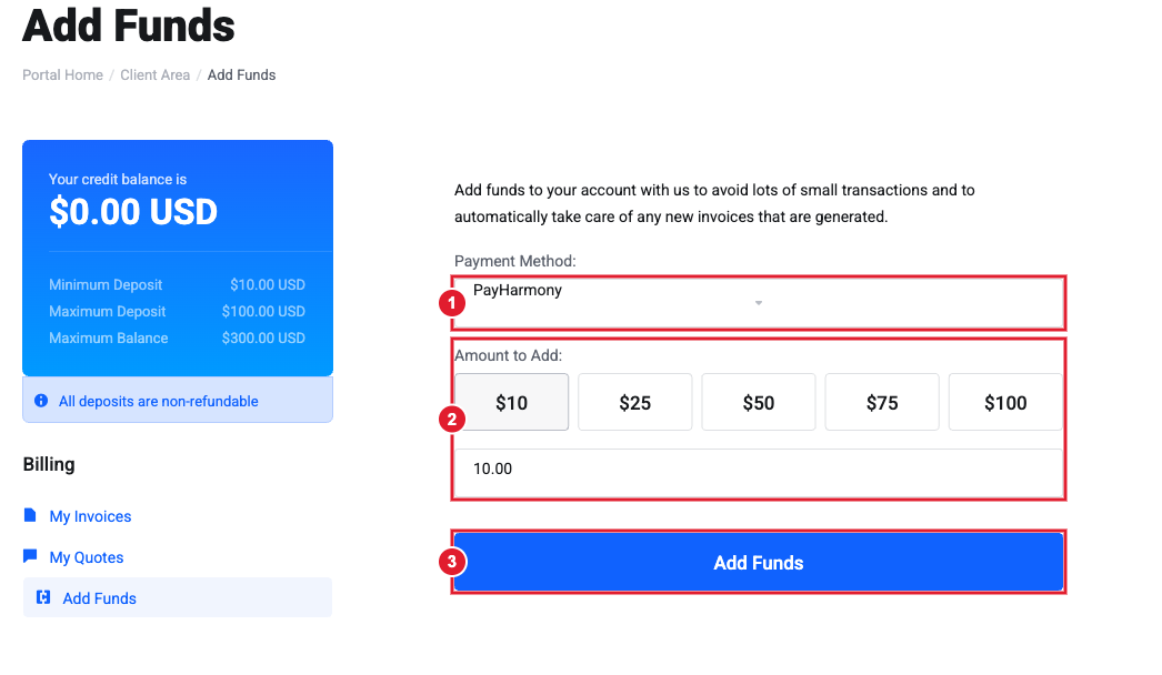 Add Funds page