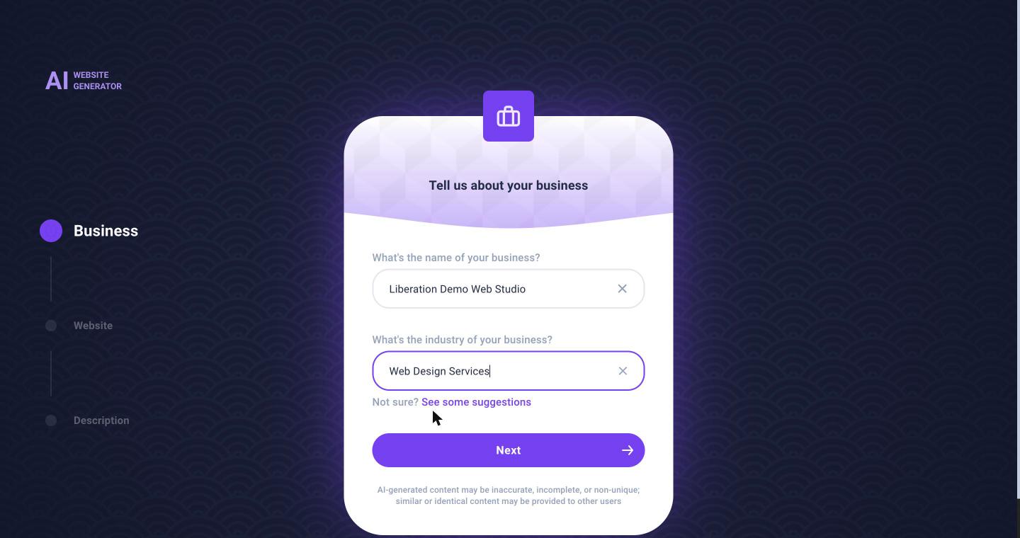 AI generator step 1: business name and industry