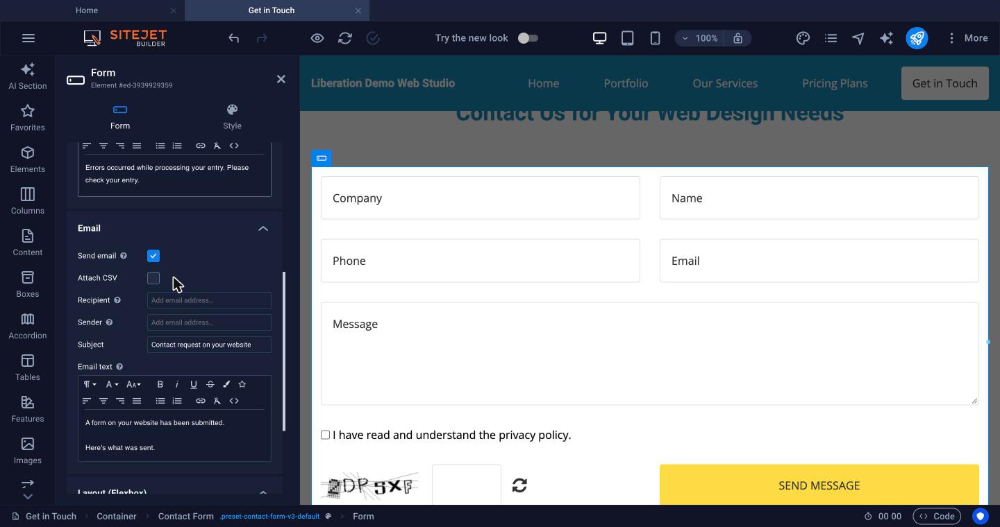 Form email settings