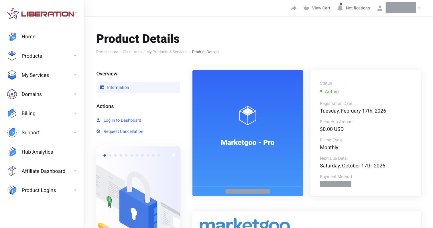 marketgoo service page in the Client Area with the Log in to Dashboard button