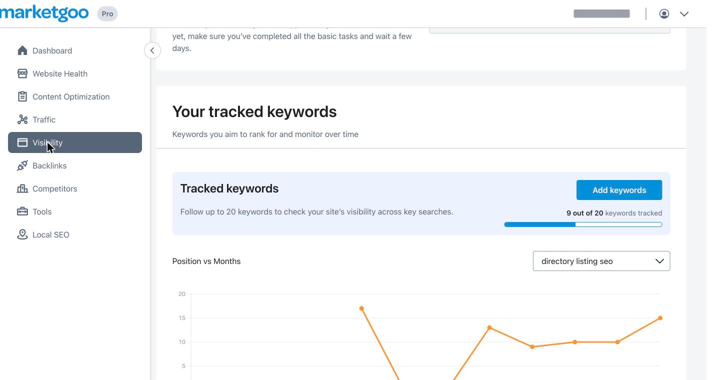 Your tracked keywords section in marketgoo Visibility with the Add keywords button