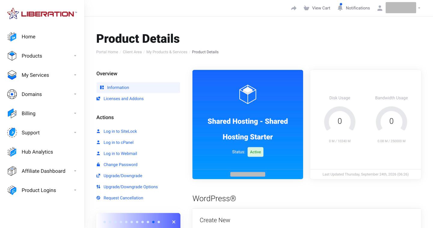 Hosting service in the Client Area with Log in to SiteLock under Actions