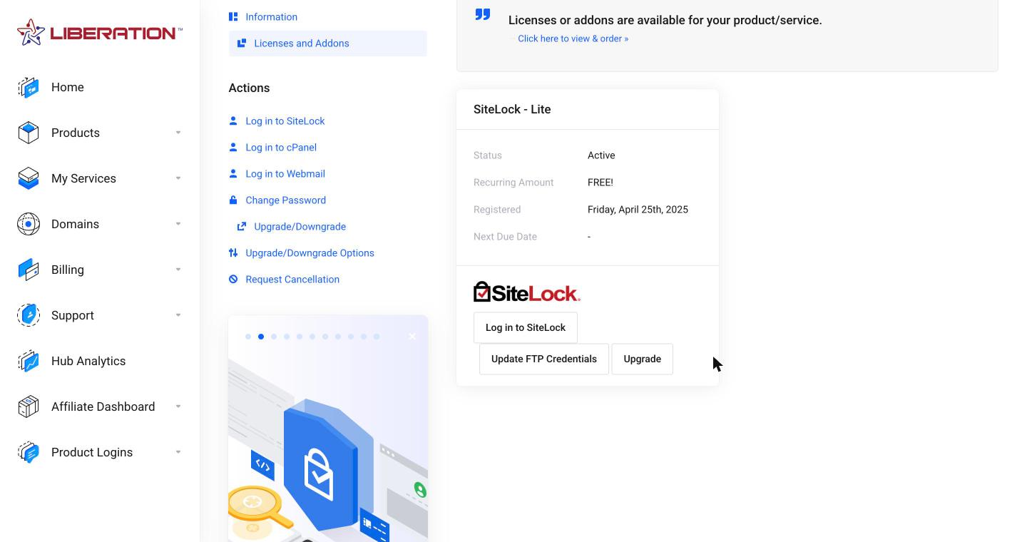 SiteLock - Lite panel under Licenses and Addons on a hosting service