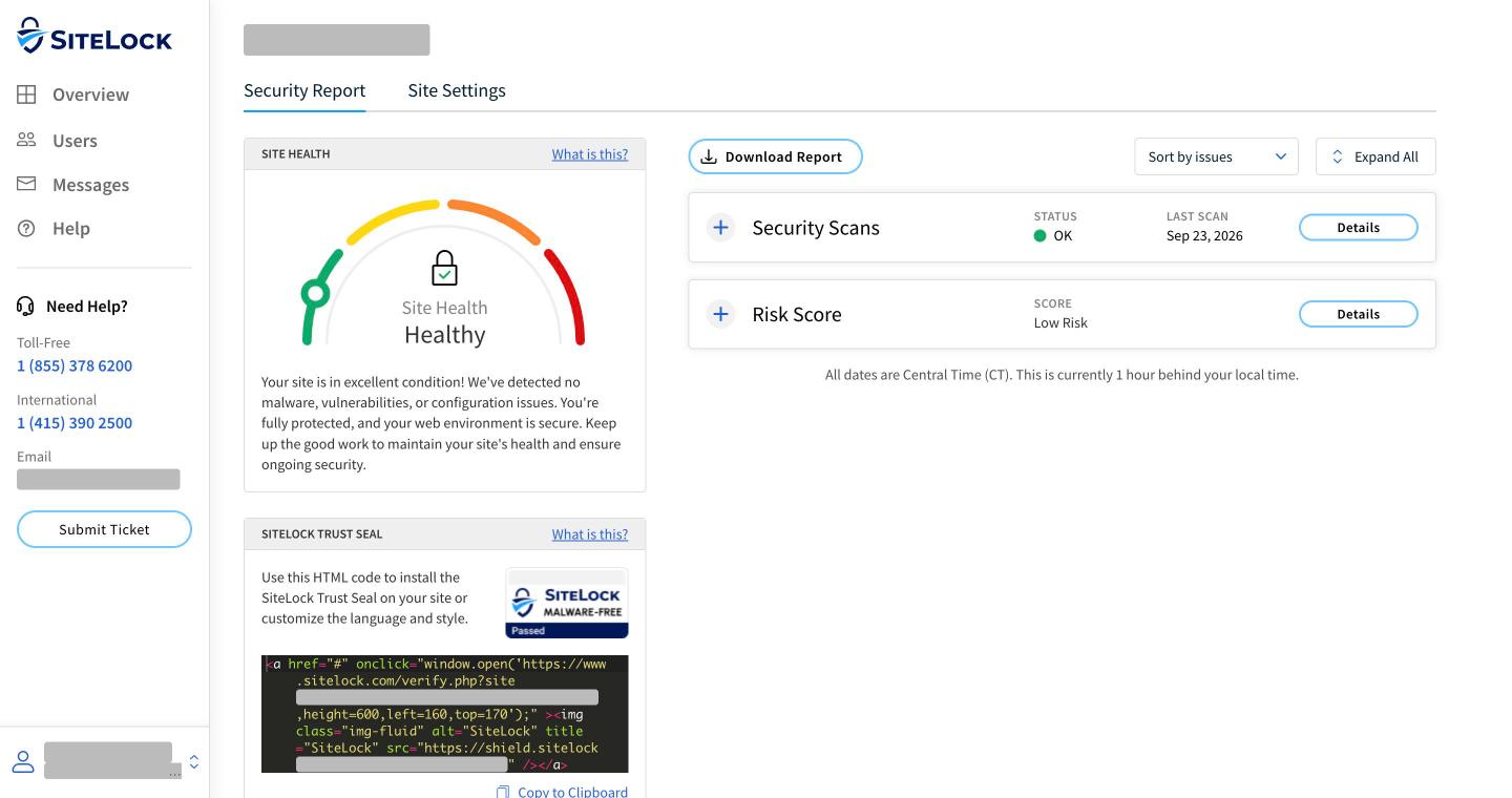 SiteLock Security Report showing Site Health and the Trust Seal