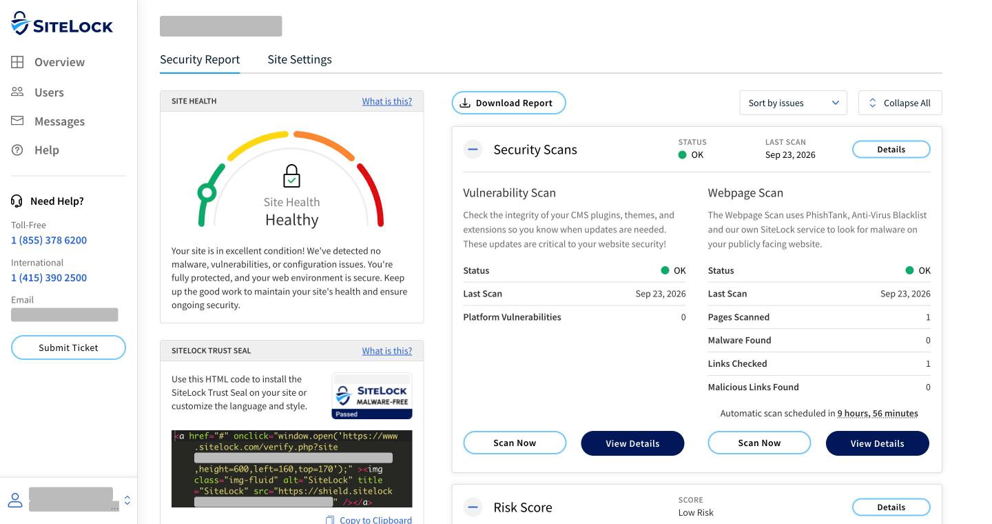 SiteLock Security Scans expanded, showing the Vulnerability Scan and Webpage Scan