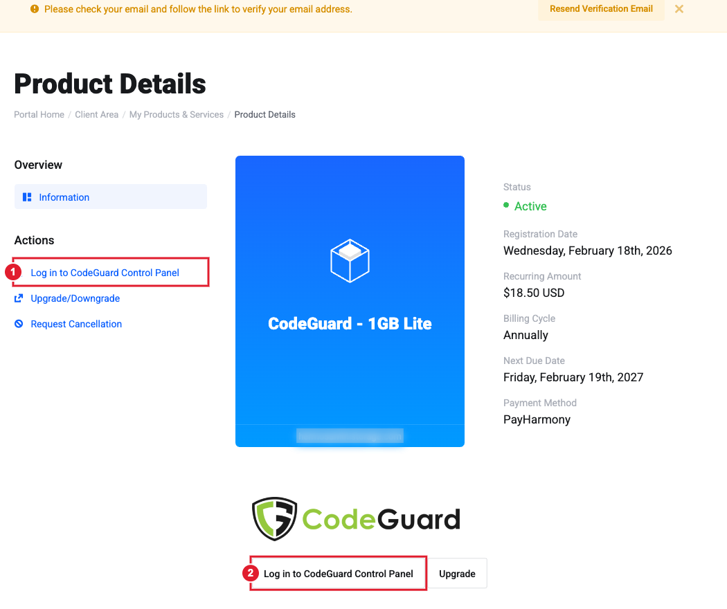 CodeGuard service in the Client Area: (1) Log in to CodeGuard Control Panel under Actions, (2) the same button under the CodeGuard logo