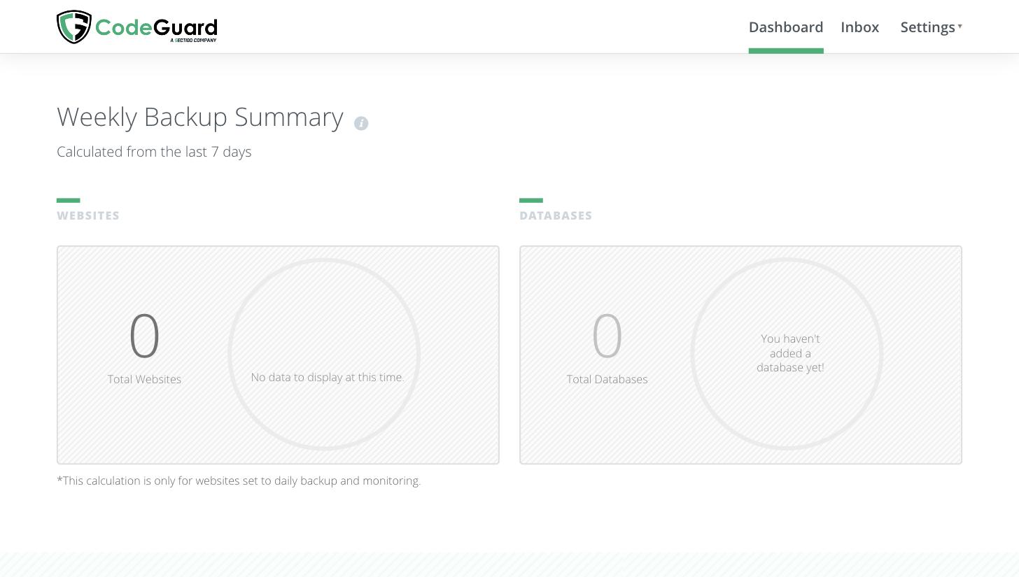 CodeGuard dashboard showing the Weekly Backup Summary for websites and databases