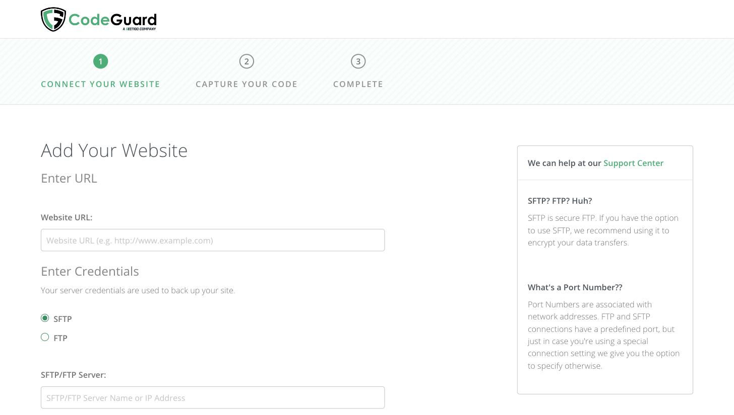 CodeGuard Add Your Website page with Website URL, SFTP or FTP, and server fields